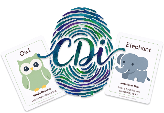 Child Development Indicator fingerprint icon with Owl and Elephant development profile cards