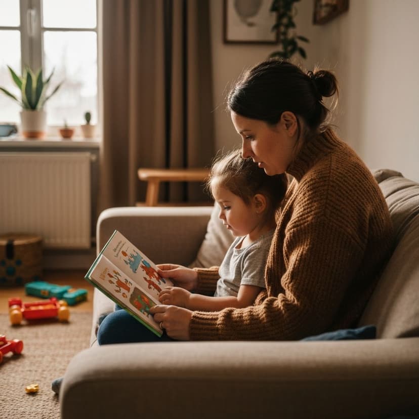 A mother and young child reading a book together on a cozy couch