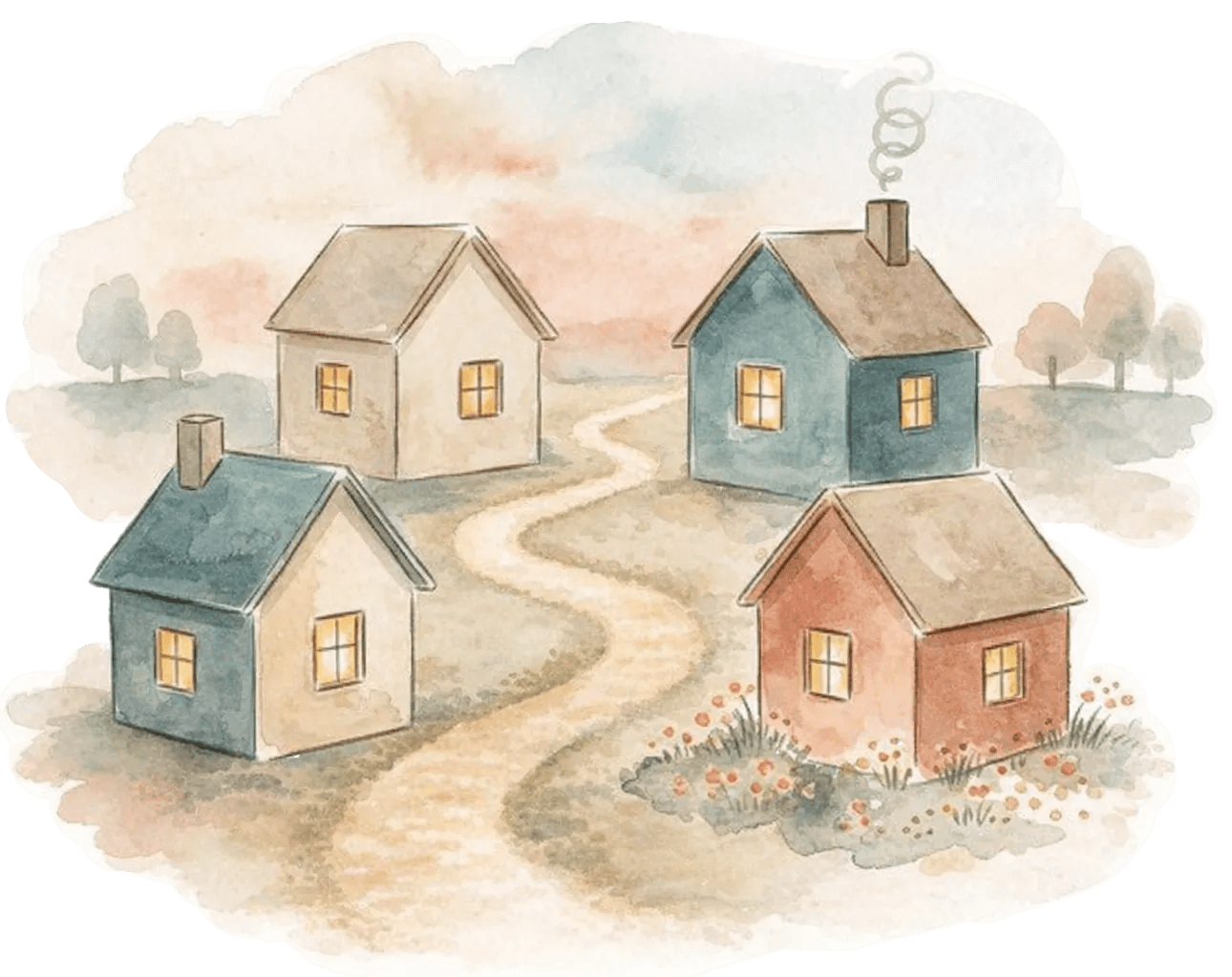 Illustration of four colorful houses along a winding path, representing guidance and community support