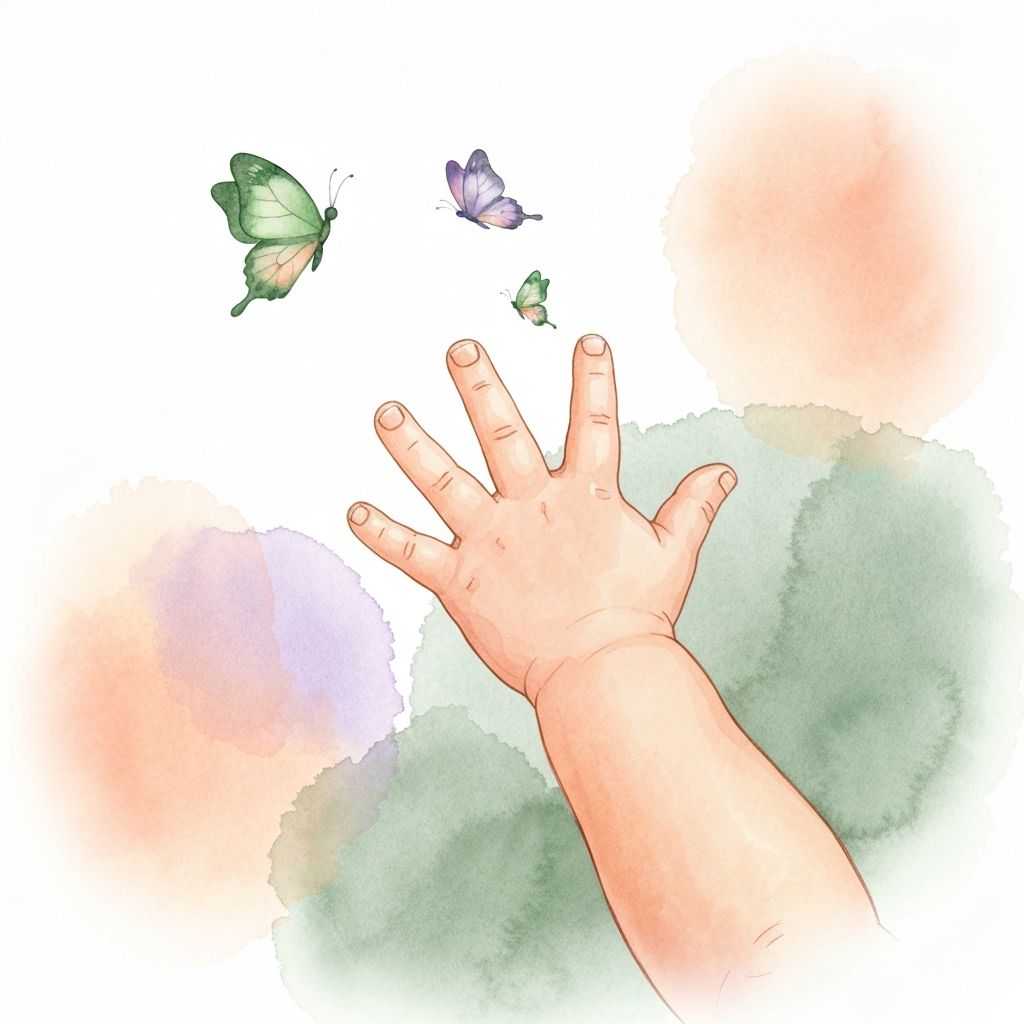 Watercolor illustration of a child reaching for butterflies